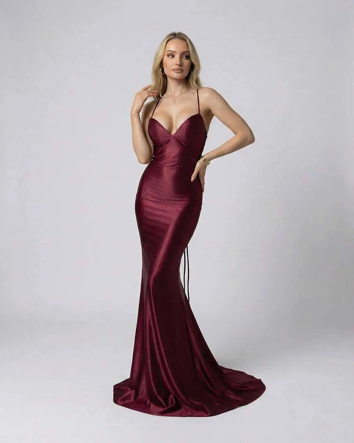 Burgundy Satin Bodycon V-Neck Sleeveless Maxi Dress | Prom, Cocktail Parties, Guest of Wedding & Daily Wear, front view | Ram | SKU: MMD-74295-burgundy-L-9576,MMD-74295-burgundy-M-4308,MMD-74295-burgundy-S-3398,MMD-74295-burgundy-XL-9214,MMD-74295-burgundy-XS-1110