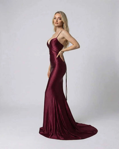 Burgundy Satin Bodycon V-Neck Sleeveless Maxi Dress | Prom, Cocktail Parties, Guest of Wedding & Daily Wear, side view | Ramb | SKU: MMD-74295-burgundy-L-9576,MMD-74295-burgundy-M-4308,MMD-74295-burgundy-S-3398,MMD-74295-burgundy-XL-9214,MMD-74295-burgundy-XS-1110