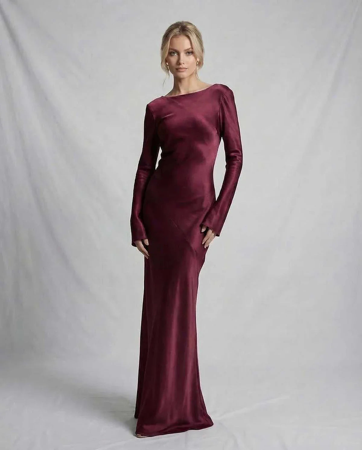 Burgundy Satin Mermaid Round Neck Long Sleeve Maxi Dress | Prom, Celebrations & Weddings, front view | Ramblion | SKU: VMD-983217456-burgundy-L-6800,VMD-983217456-burgundy-M-9445,VMD-983217456-burgundy-S-5913,VMD-983217456-burgundy-XL-9833,VMD-983217456-burgundy-XS-7837