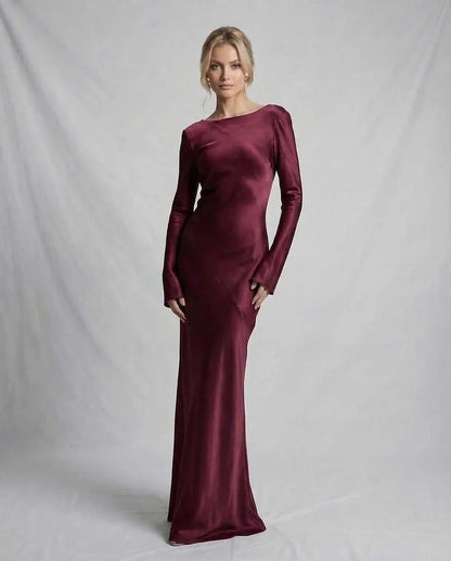 Burgundy Satin Mermaid Round Neck Long Sleeve Maxi Dress | Prom, Celebrations & Weddings, front view | Ramblion | SKU: VMD-983217456-burgundy-L-6800,VMD-983217456-burgundy-M-9445,VMD-983217456-burgundy-S-5913,VMD-983217456-burgundy-XL-9833,VMD-983217456-burgundy-XS-7837