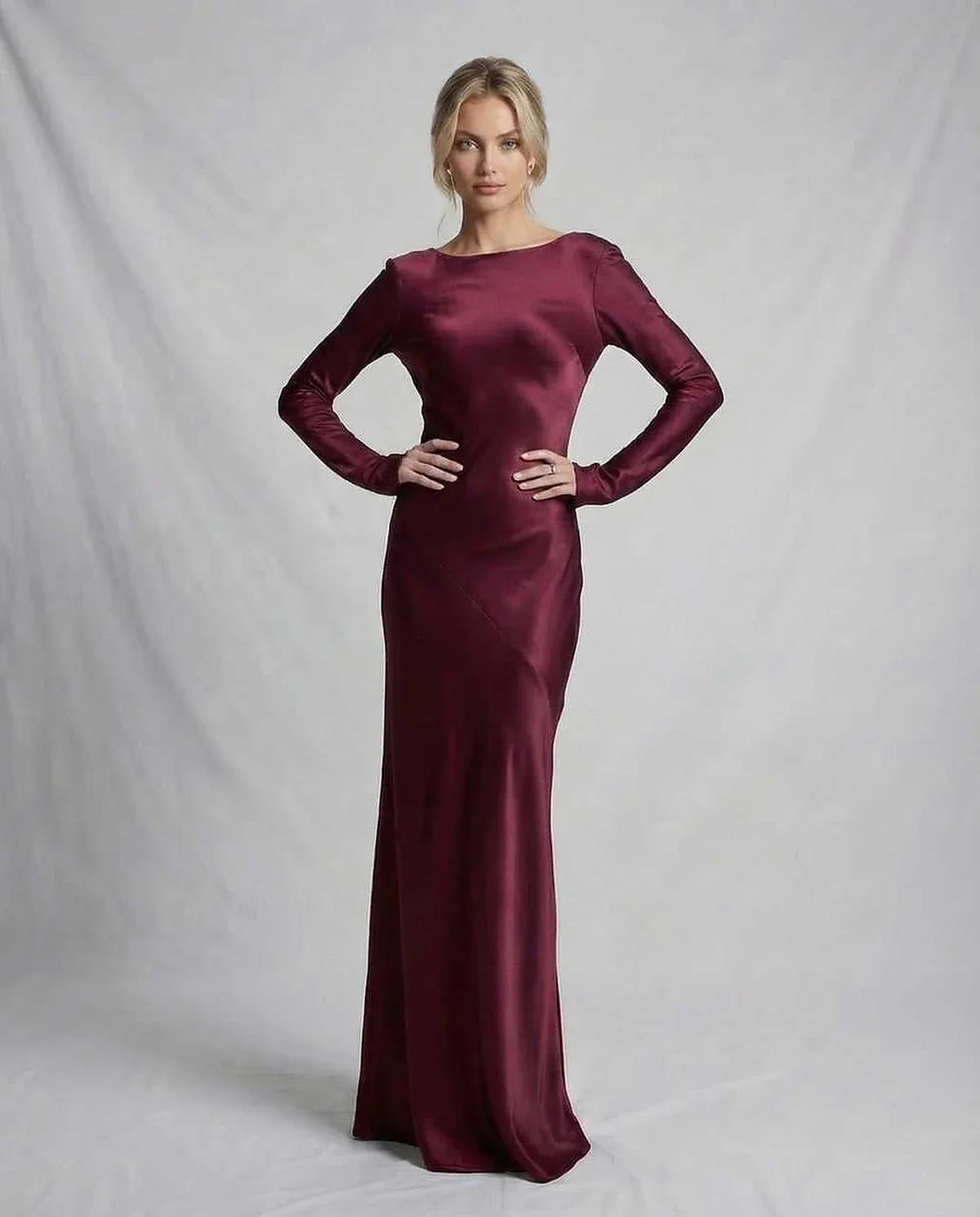 Burgundy Satin Mermaid Round Neck Long Sleeve Maxi Dress | Prom, Celebrations & Weddings, front view | Ramblion | SKU: VMD-983217456-burgundy-L-6800,VMD-983217456-burgundy-M-9445,VMD-983217456-burgundy-S-5913,VMD-983217456-burgundy-XL-9833,VMD-983217456-burgundy-XS-7837