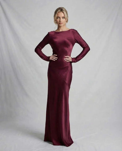 Burgundy Satin Mermaid Round Neck Long Sleeve Maxi Dress | Prom, Celebrations & Weddings, front view | Ramblion | SKU: VMD-983217456-burgundy-L-6800,VMD-983217456-burgundy-M-9445,VMD-983217456-burgundy-S-5913,VMD-983217456-burgundy-XL-9833,VMD-983217456-burgundy-XS-7837