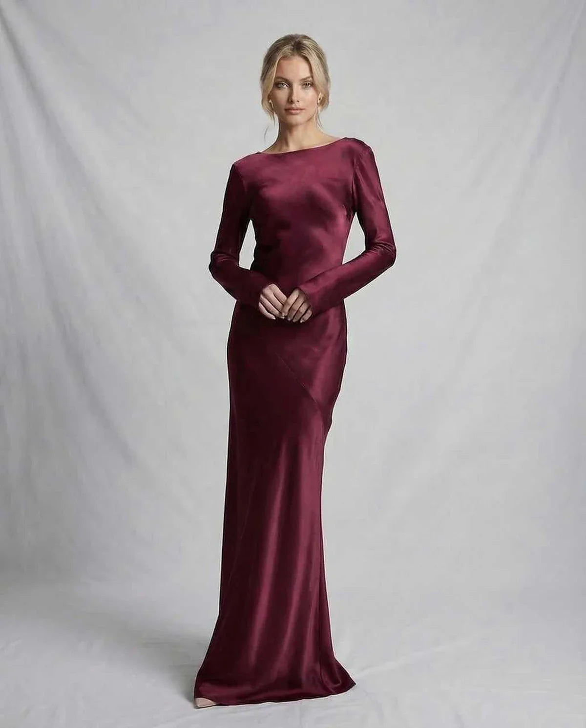 Burgundy Satin Mermaid Round Neck Long Sleeve Maxi Dress | Prom, Celebrations & Weddings, front view | Ramblion | SKU: VMD-983217456-burgundy-L-6800,VMD-983217456-burgundy-M-9445,VMD-983217456-burgundy-S-5913,VMD-983217456-burgundy-XL-9833,VMD-983217456-burgundy-XS-7837