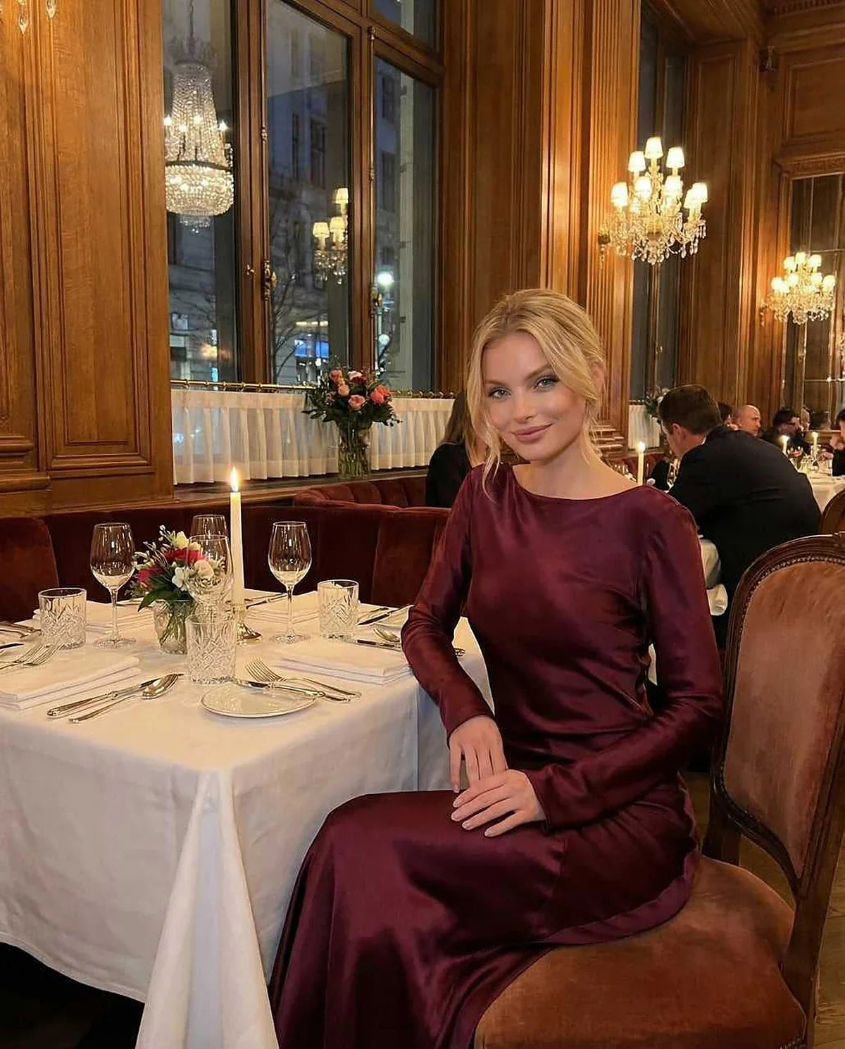 Burgundy Satin Mermaid Round Neck Long Sleeve Maxi Dress | Prom, Celebrations & Weddings, lifestyle shot | Ramblion | SKU: VMD-983217456-burgundy-L-6800,VMD-983217456-burgundy-M-9445,VMD-983217456-burgundy-S-5913,VMD-983217456-burgundy-XL-9833,VMD-983217456-burgundy-XS-7837
