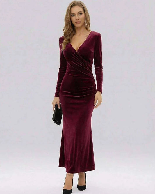 Burgundy Velvet Bodycon V-Neck Long Sleeve Maxi Dress | Gala Nights, Evening Parties & Guest of Wedding, front view | Ramblio
