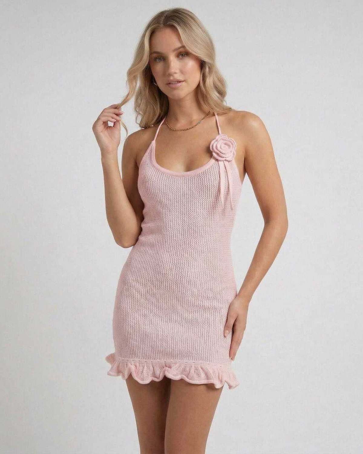 Burnout Mini Dress by RAMBLION in soft pink with pleated design, perfect for summer evenings.