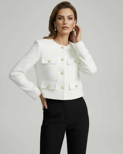 Buxy Jacket by RAMBLION, elegant white cropped design with gold-tone buttons, perfect for sophisticated occasions.
