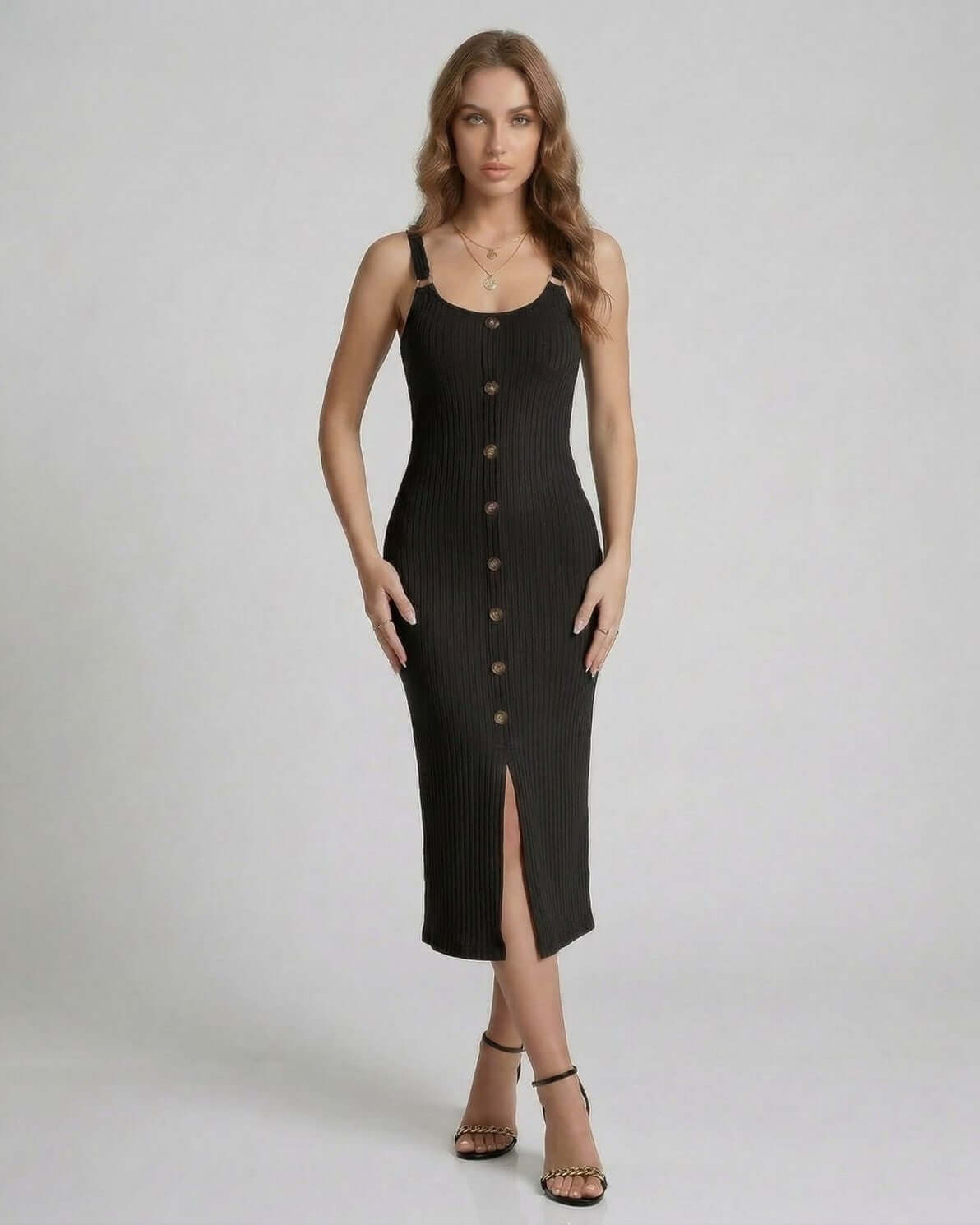 Buxy Midi Dress by RAMBLION, black ribbed midi-length dress, round neck, versatile for any occasion.