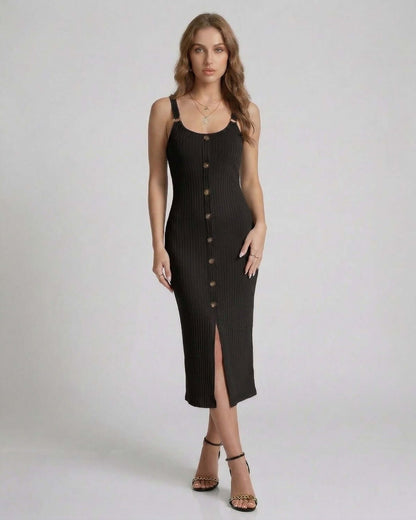 Buxy Midi Dress in black, featuring ribbed texture and a modern silhouette, perfect for versatile occasions by RAMBLION.