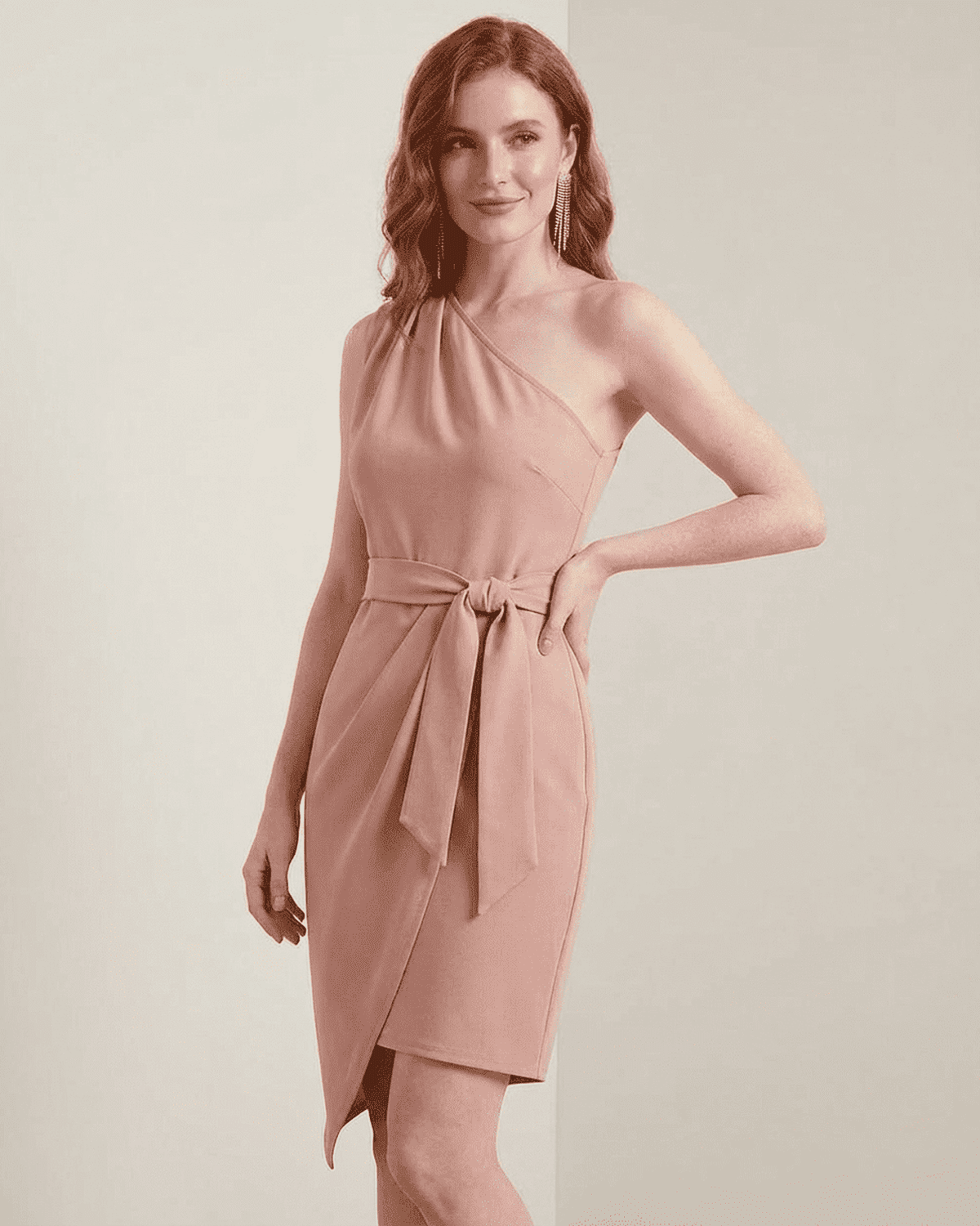Buxy Mini Dress in soft pink, one-shoulder design with a belt. Stylish choice for special occasions, by RAMBLION.