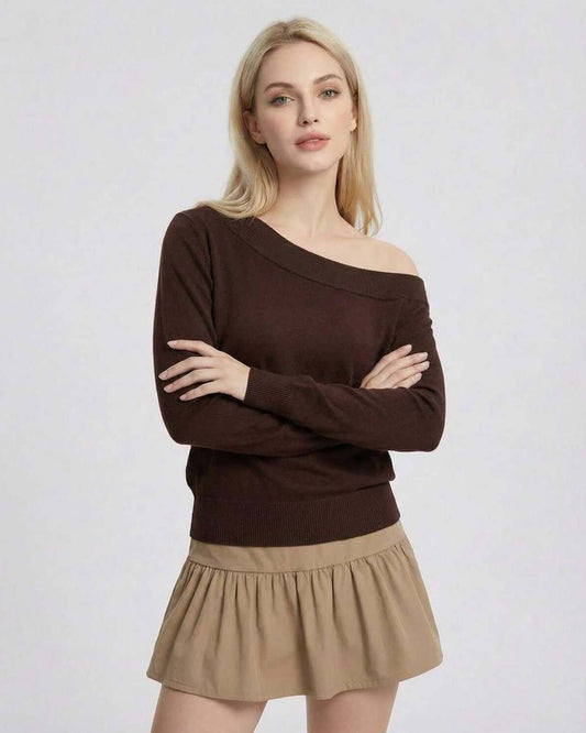 Buxy Pullover by RAMBLION, brown off-shoulder sweater, soft knit, perfect for casual occasions.