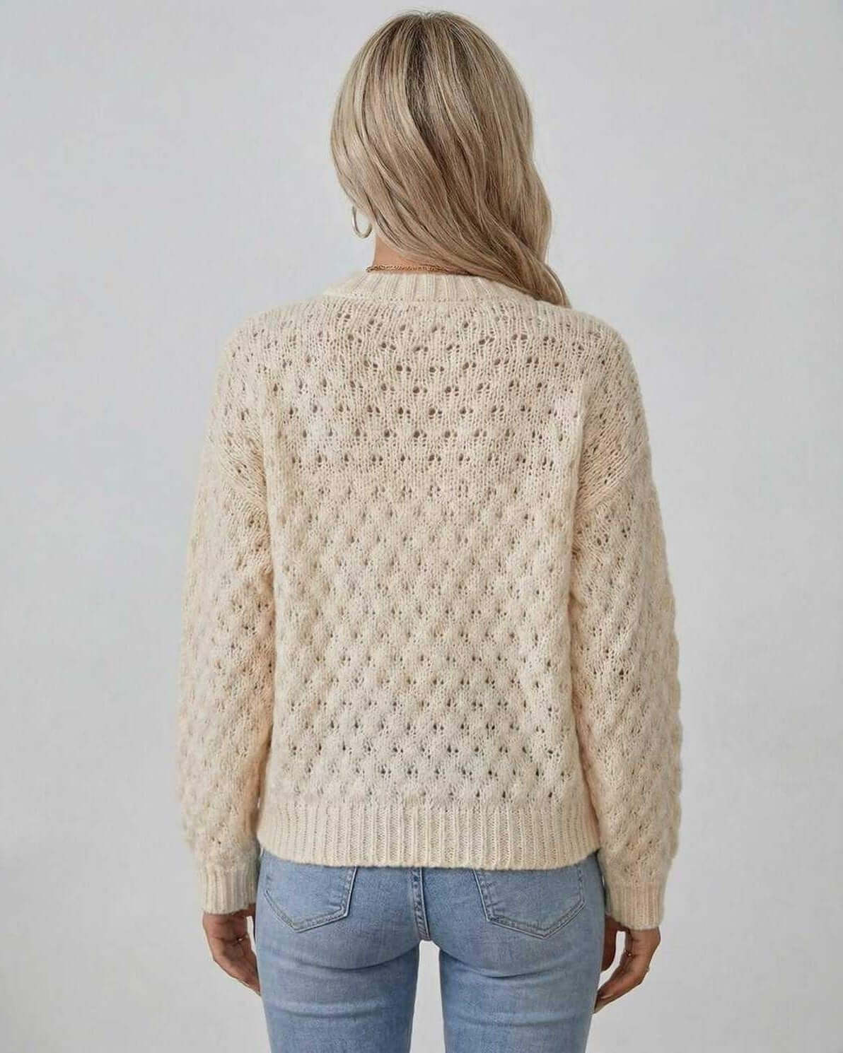 Buxy Sweater back view, beige cable knit design, cozy, perfect for layering, by RAMBLION.