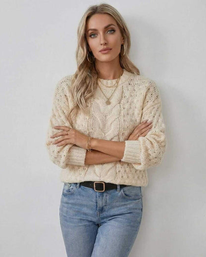 Buxy Sweater by RAMBLION, beige cable knit design, soft cotton blend, stylish comfort for colder months.