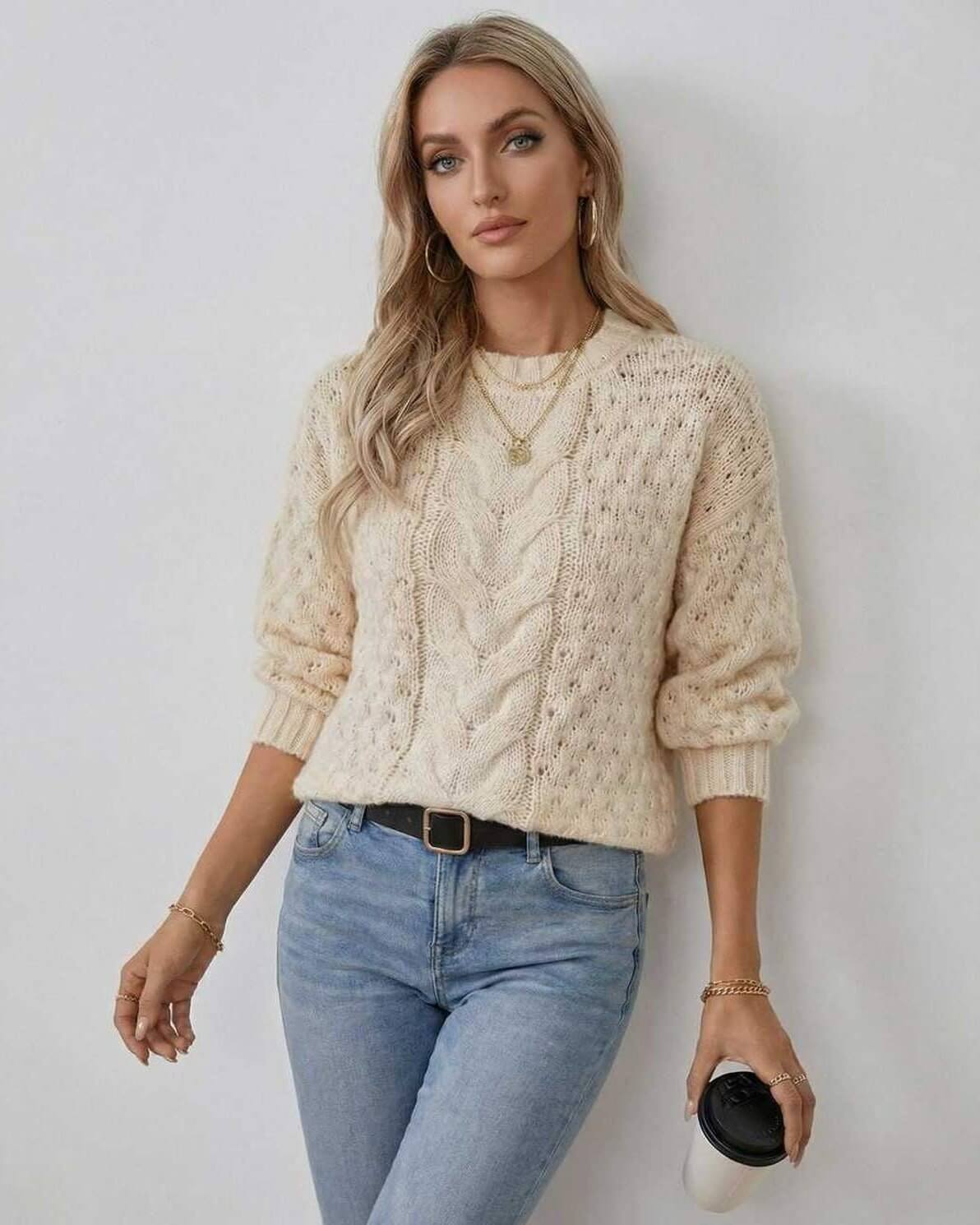 Buxy Sweater in beige cable knit, 100% cotton, perfect for layering, comfortable and stylish, by RAMBLION.