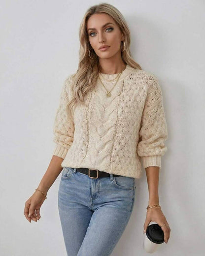 Buxy Sweater in beige cable knit, 100% cotton, perfect for layering, comfortable and stylish, by RAMBLION.