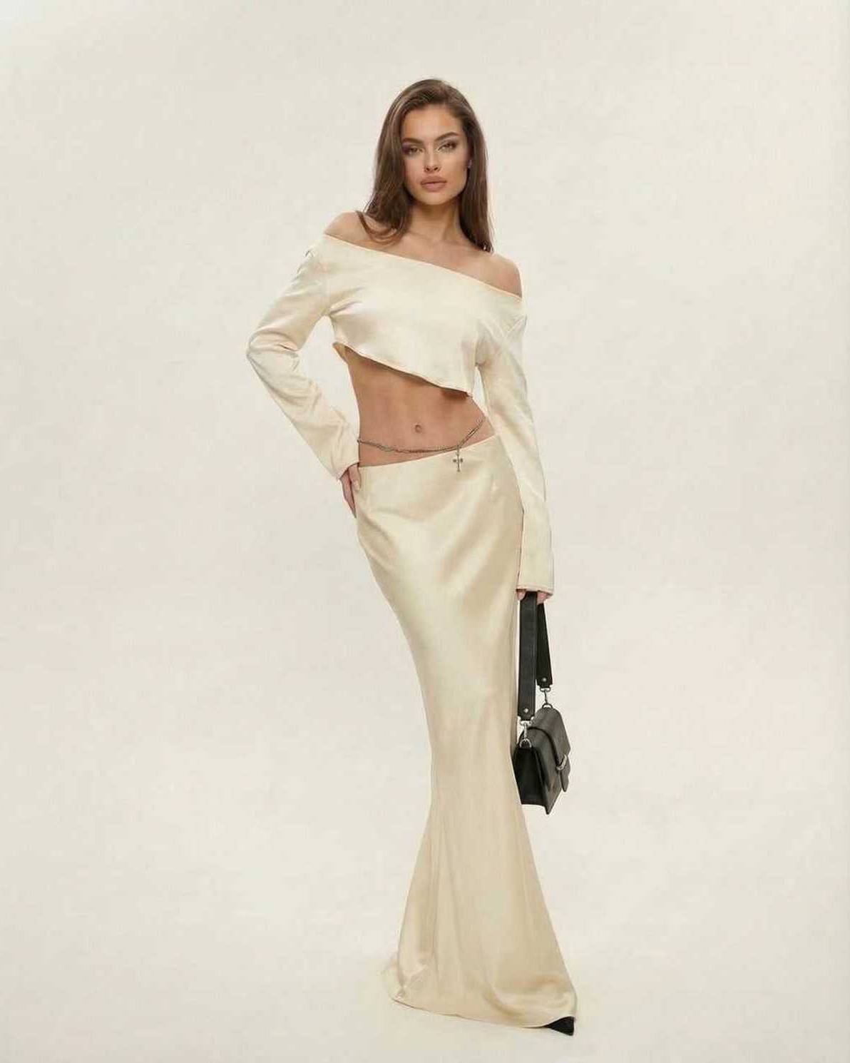 Cabo Midi Dress in beige satin, featuring an elegant slash neckline, perfect for sophisticated occasions, by RAMBLION.