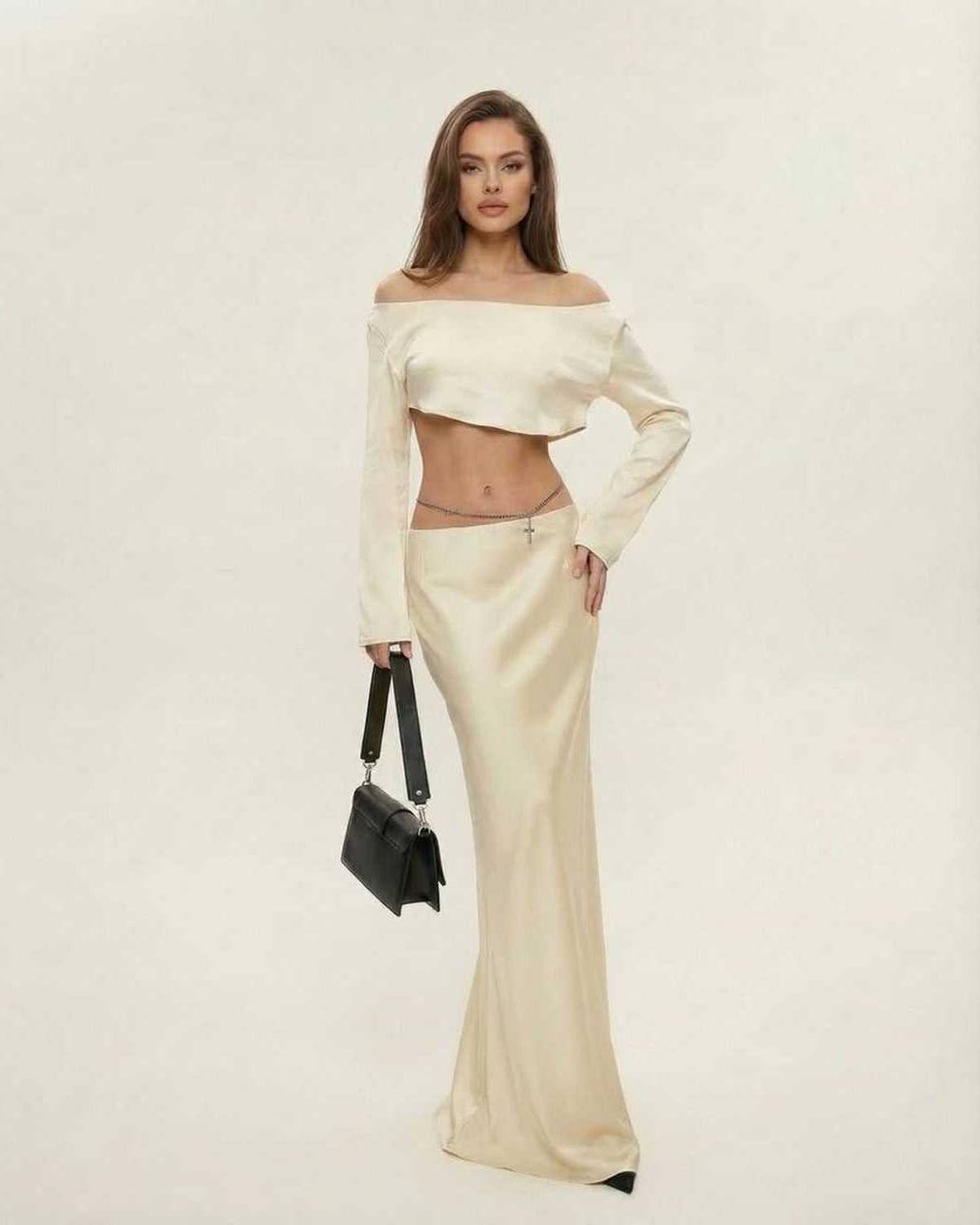 Cabo Midi Dress in beige satin, featuring a slash neckline, elegant silhouette, perfect for sophisticated occasions | RAMBLION