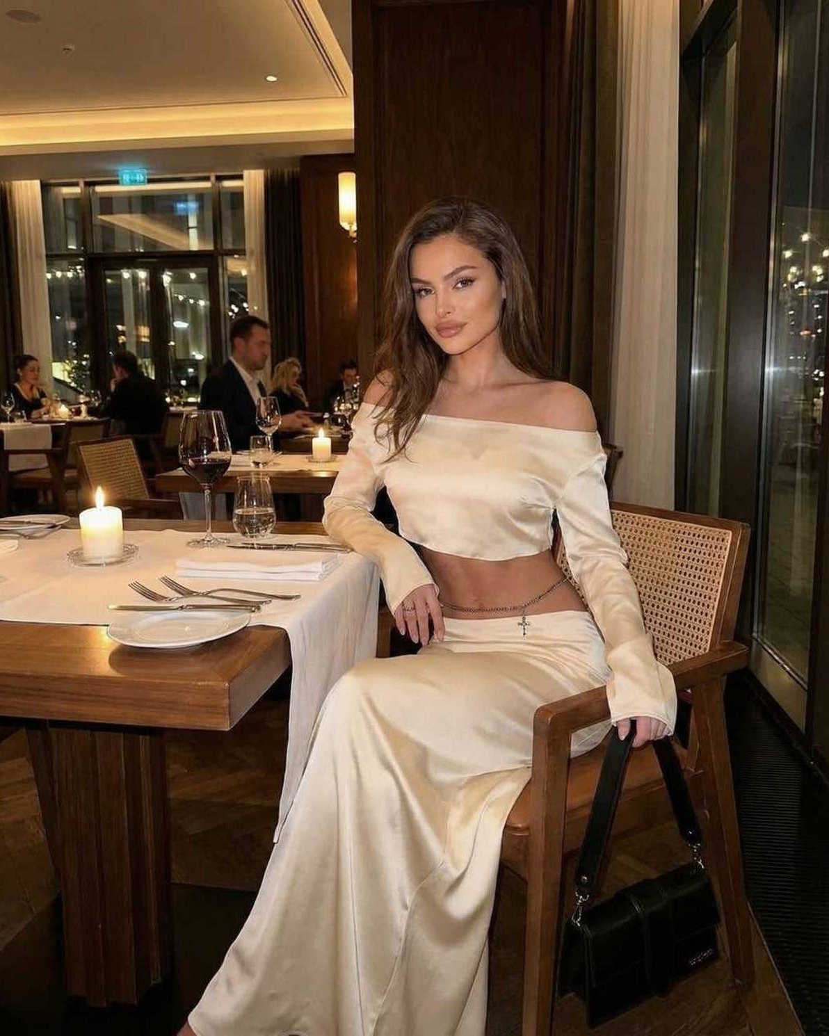 Cabo Midi Dress in luxurious satin, elegant beige color, perfect for sophisticated dining occasions, by RAMBLION.