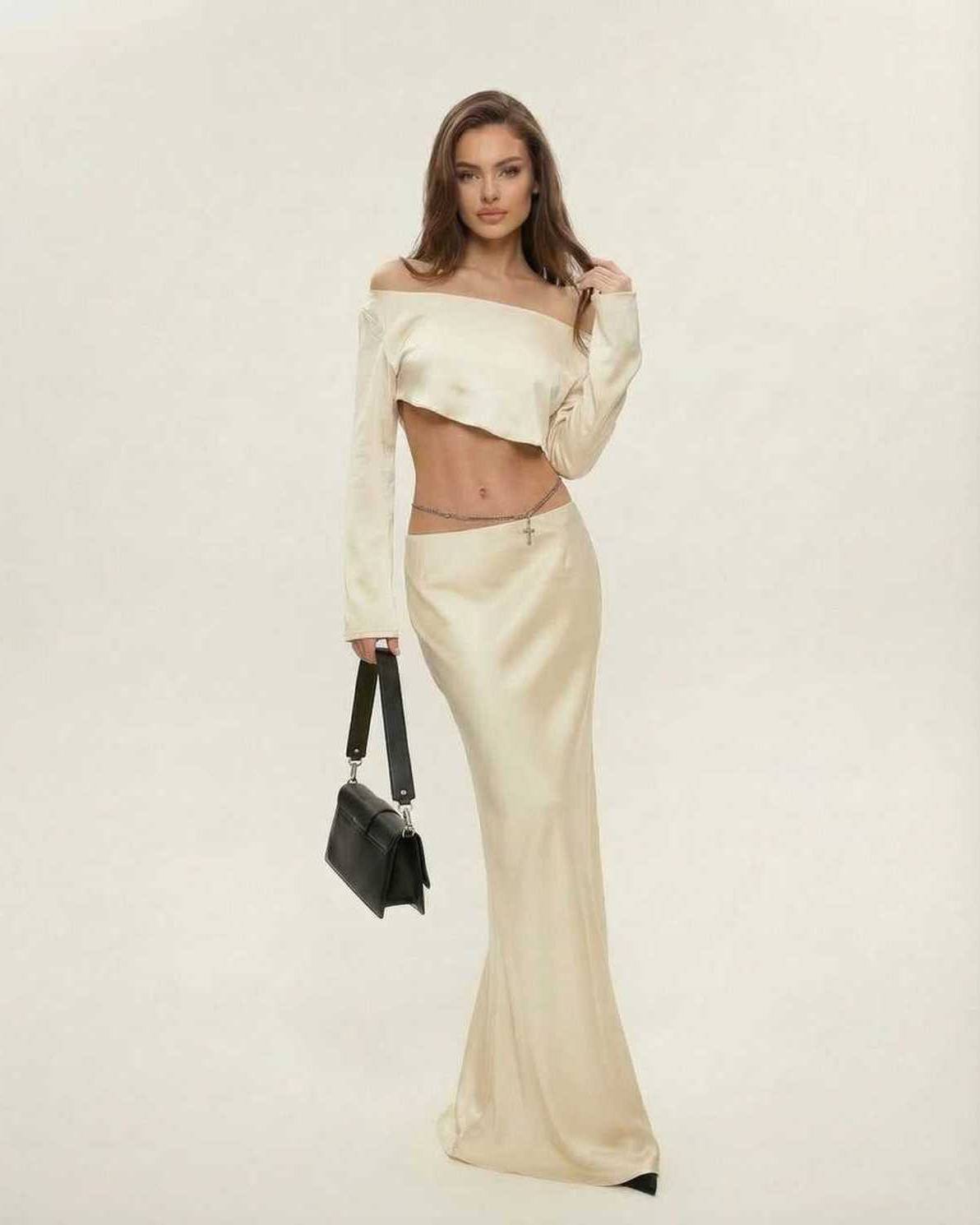 Cabo Midi Dress by RAMBLION, beige satin finish, elegant slash neckline, perfect for sophisticated occasions.