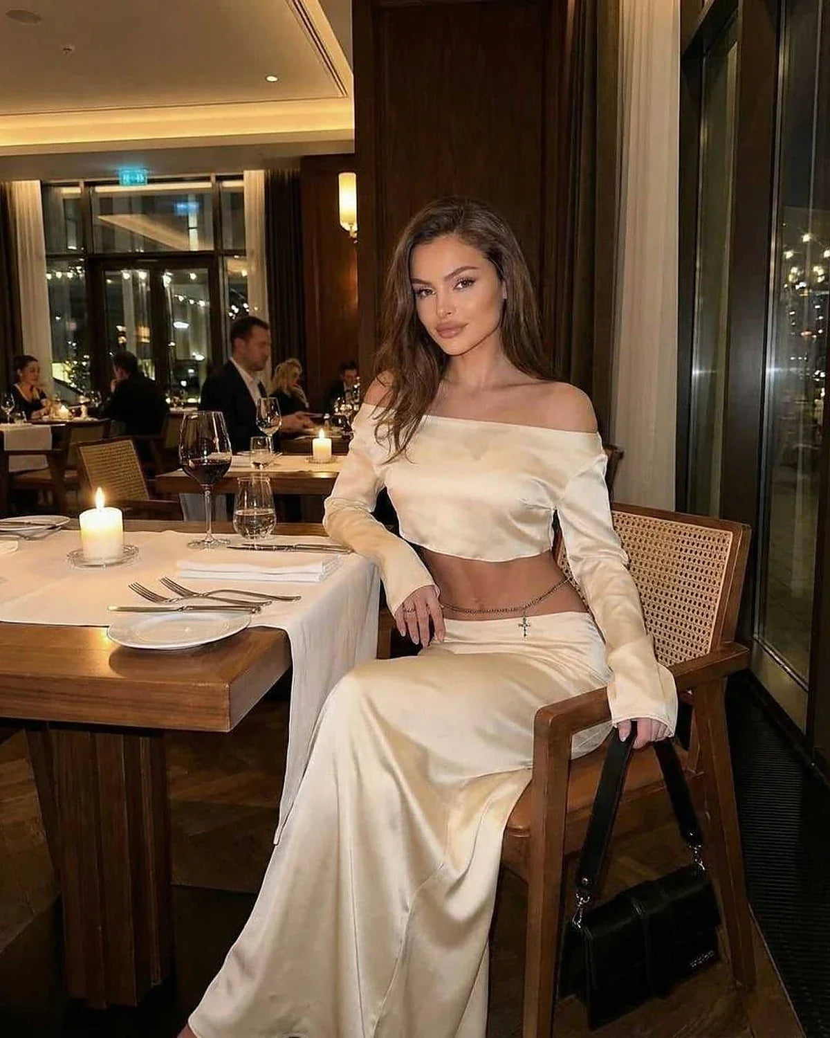 Champagne Satin Bodycon Round Neck Sleeveless Midi Dress | Prom & Celebrations, lifestyle shot | Ramblion | SKU: AMD-582047391-champagne-L-8169,AMD-582047391-champagne-M-7692,AMD-582047391-champagne-S-1892,AMD-582047391-champagne-XL-4920,AMD-582047391-champagne-XS-9628