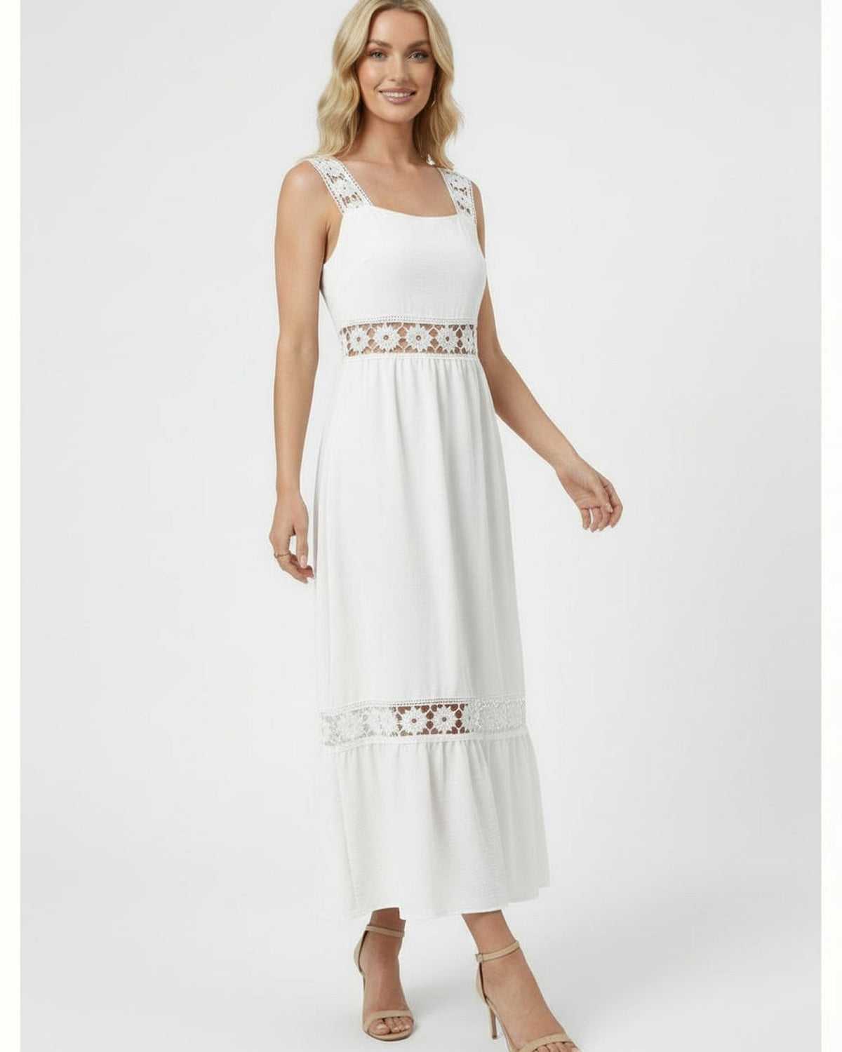 White Cotton A-line Square Neck Sleeveless Midi Dress | Black-Tie Events, Cocktail Parties, Wedding Season & Day-to-Night, fr | SKU: SMD-583920471-white-L-1444,SMD-583920471-white-M-6947,SMD-583920471-white-S-8646,SMD-583920471-white-XL-6554,SMD-583920471-white-XS-8457