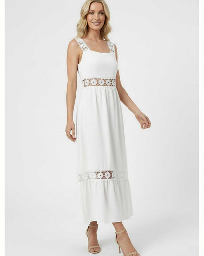 White Cotton A-line Square Neck Sleeveless Midi Dress | Black-Tie Events, Cocktail Parties, Wedding Season & Day-to-Night, fr | SKU: SMD-583920471-white-L-1444,SMD-583920471-white-M-6947,SMD-583920471-white-S-8646,SMD-583920471-white-XL-6554,SMD-583920471-white-XS-8457