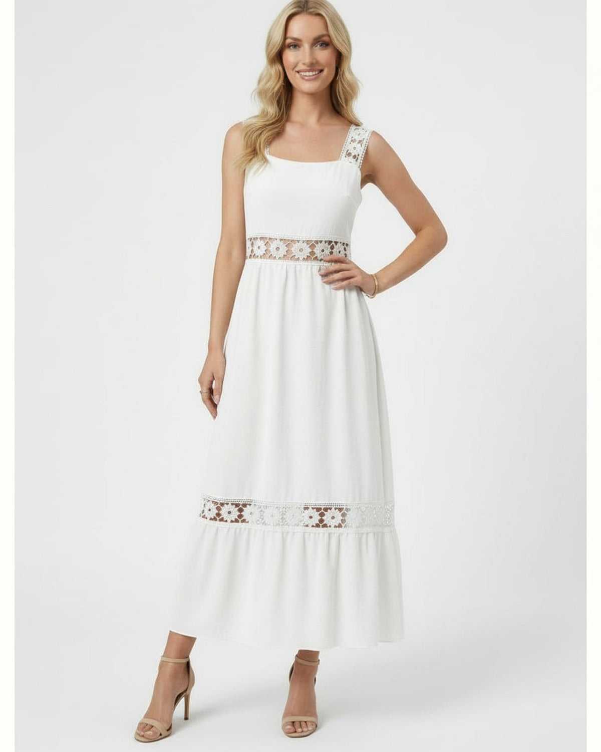 White Cotton A-line Square Neck Sleeveless Midi Dress | Black-Tie Events, Cocktail Parties, Wedding Season & Day-to-Night, fr | SKU: SMD-583920471-white-L-1444,SMD-583920471-white-M-6947,SMD-583920471-white-S-8646,SMD-583920471-white-XL-6554,SMD-583920471-white-XS-8457