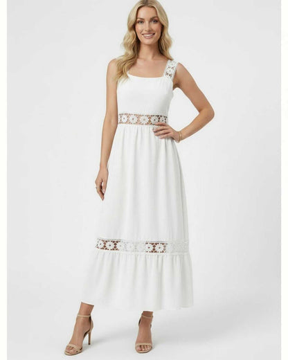 White Cotton A-line Square Neck Sleeveless Midi Dress | Black-Tie Events, Cocktail Parties, Wedding Season & Day-to-Night, fr | SKU: SMD-583920471-white-L-1444,SMD-583920471-white-M-6947,SMD-583920471-white-S-8646,SMD-583920471-white-XL-6554,SMD-583920471-white-XS-8457