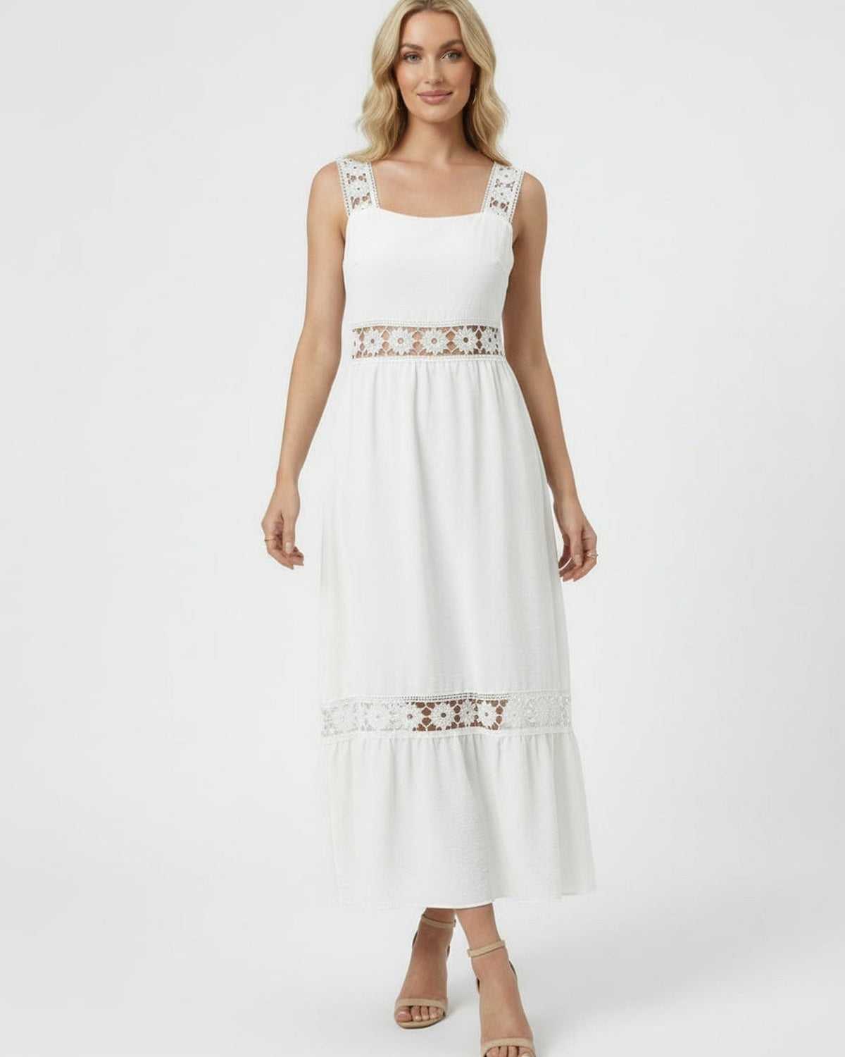 White Cotton A-line Square Neck Sleeveless Midi Dress | Black-Tie Events, Cocktail Parties, Wedding Season & Day-to-Night, fr | SKU: SMD-583920471-white-L-1444,SMD-583920471-white-M-6947,SMD-583920471-white-S-8646,SMD-583920471-white-XL-6554,SMD-583920471-white-XS-8457