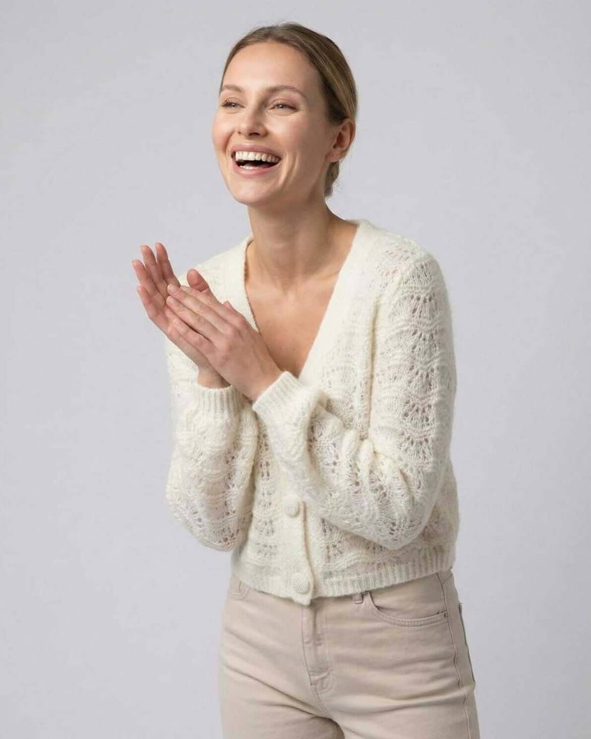 Cala Cardigan by RAMBLION, soft polyester, V Neck, chic style, perfect for layering, essential women's fashion.