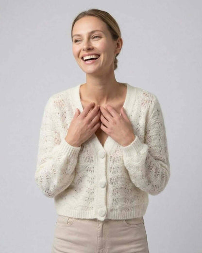 Cala Cardigan by RAMBLION, white hollow-out knit, loose fit, perfect for layering, stylish comfort for any occasion.
