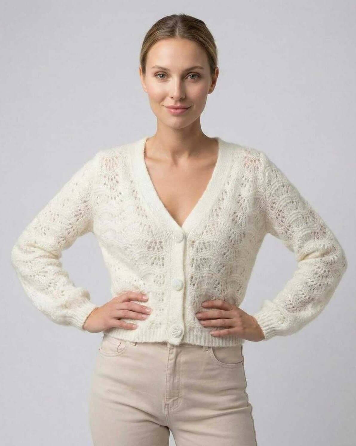 Cala Cardigan by RAMBLION, white hollow-out knit, loose fit, stylish layering for chic comfort.