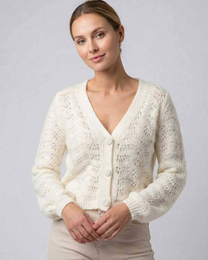 Cala Cardigan by RAMBLION, white hollow-out knit cardigan, loose fit, stylish and comfortable, perfect for layering.