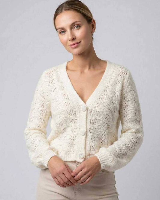 Cala Cardigan by RAMBLION, white hollow-out knit cardigan, loose fit, stylish and comfortable, perfect for layering.