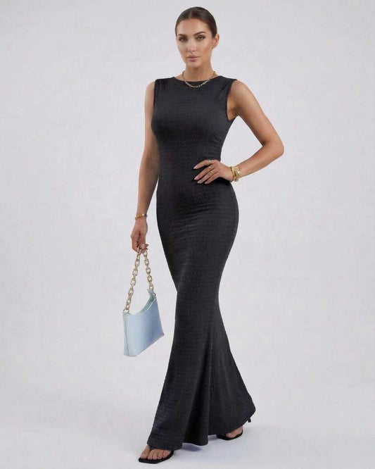 Cala Maxi Dress in black, ankle-length, satin fabric, perfect for elegant occasions by RAMBLION.