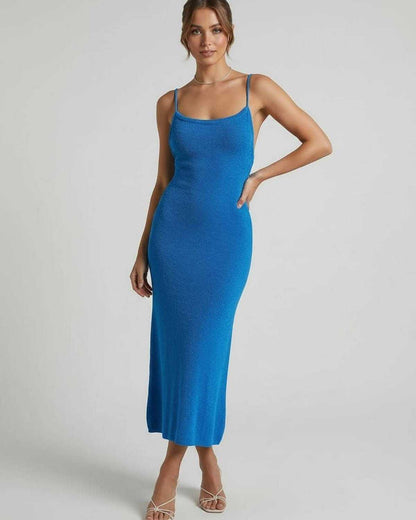Cala Midi Dress in blue, 100% cotton, elegant silhouette and spaghetti straps, perfect for any occasion by RAMBLION.