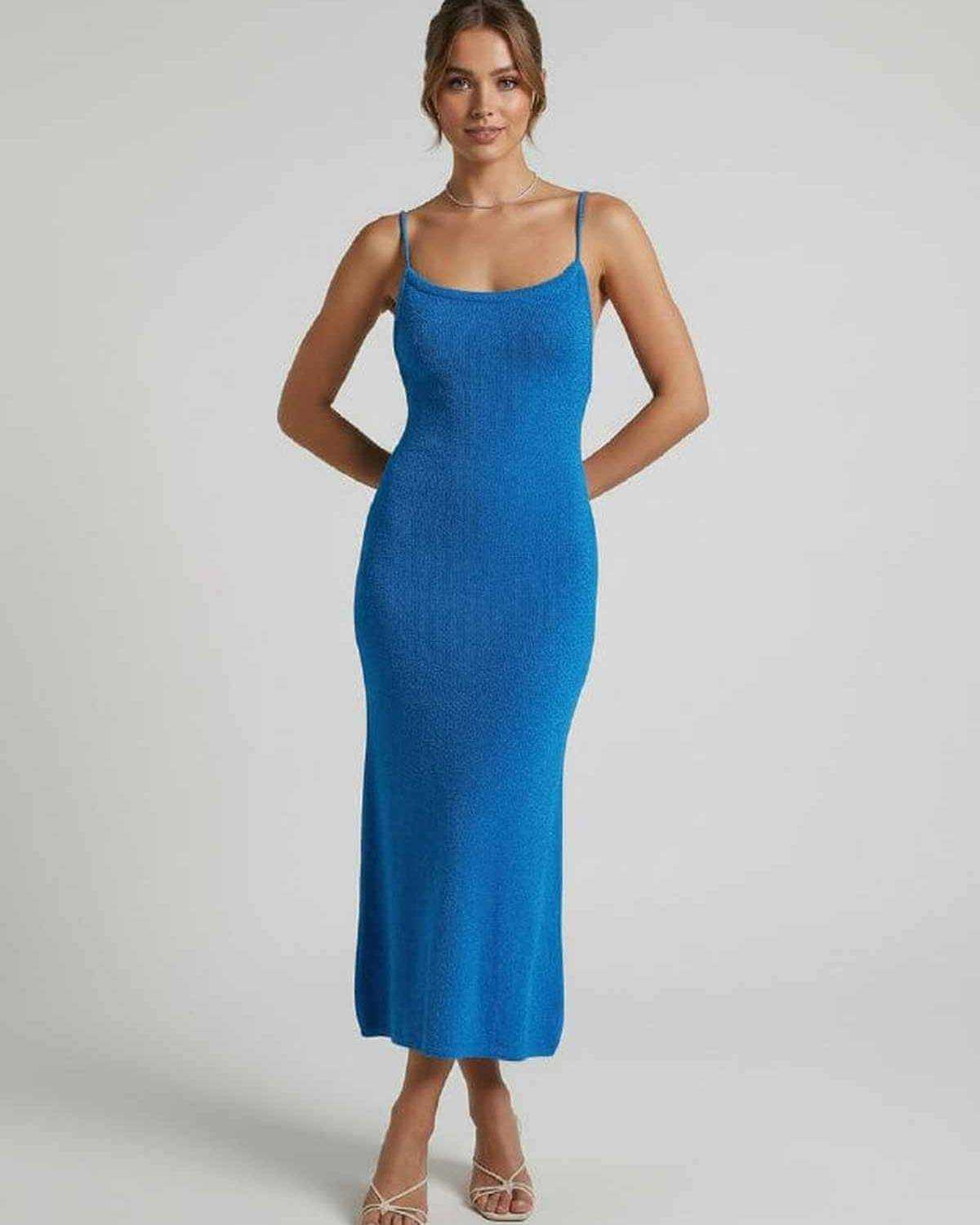 Cala Midi Dress in blue, 100% cotton, round neck, long spaghetti straps, modern elegance by RAMBLION.