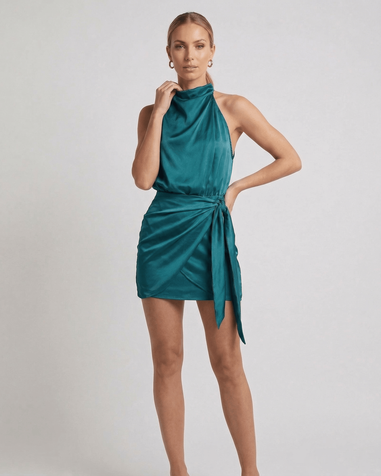 Green Cotton Wrap Turtle Neck Sleeveless Mini Dress | Formal Occasions, Celebrations, Wedding Season & Day-to-Night, front vi | SKU: VMD-417592836-green-L-9807,VMD-417592836-green-M-1463,VMD-417592836-green-S-5291,VMD-417592836-green-XL-5489,VMD-417592836-green-XS-4735