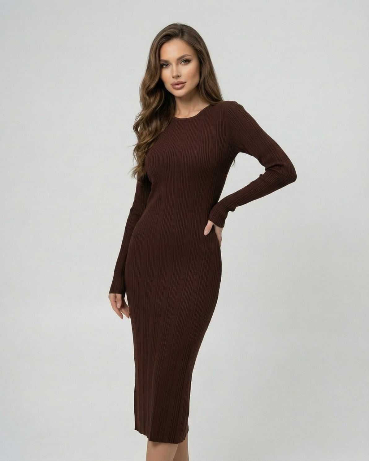 Calo Midi Dress by RAMBLION, brown ribbed midi-length dress, perfect for casual and formal occasions.