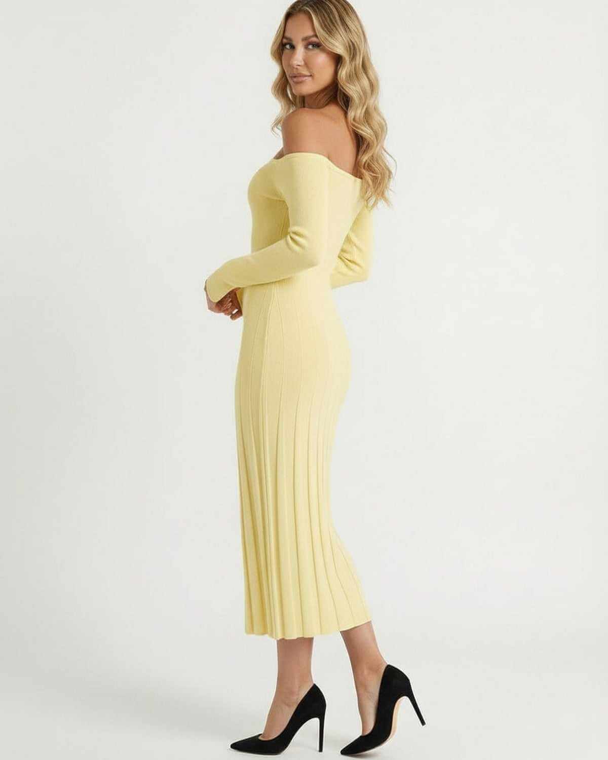 Cama Midi Dress in yellow, off shoulder, ribbed texture, perfect for elegant occasions by RAMBLION.