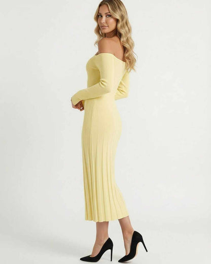 Cama Midi Dress in yellow, off shoulder, ribbed texture, perfect for elegant occasions by RAMBLION.