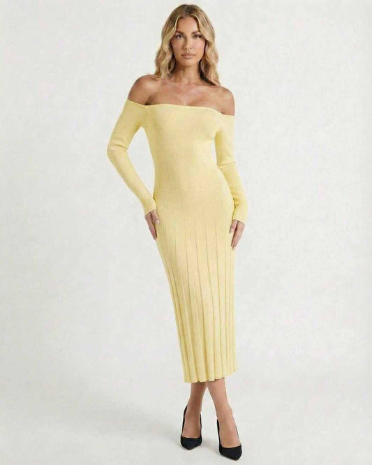 Cama Midi Dress by RAMBLION in yellow, off-shoulder, ribbed style, ideal for elegant occasions.