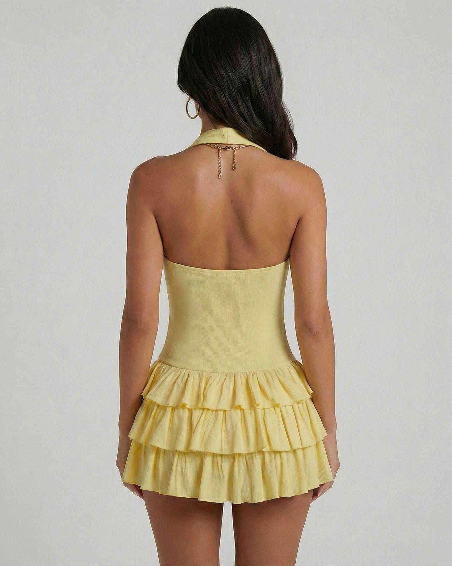 Cama Mini Dress by RAMBLION, yellow mini dress with square neck, fitted bodice, tiered skirt, perfect for summer outings.