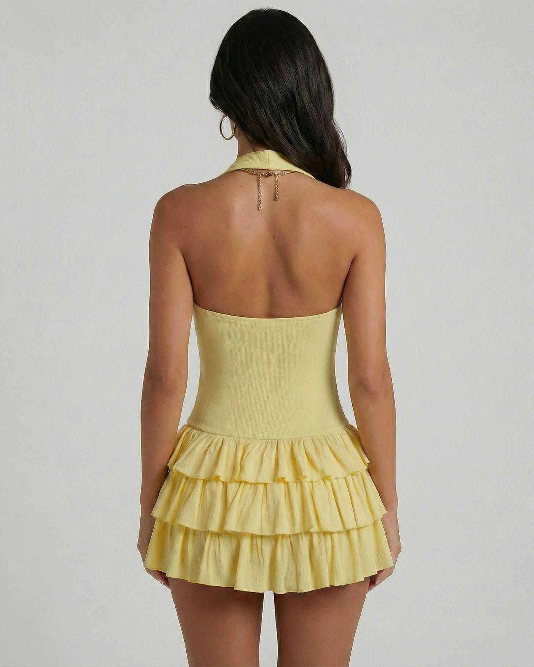 Cama Mini Dress by RAMBLION, yellow mini dress with square neck, fitted bodice, tiered skirt, perfect for summer outings.