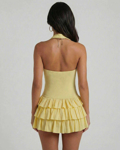 Cama Mini Dress by RAMBLION, yellow mini dress with square neck, fitted bodice, tiered skirt, perfect for summer outings.