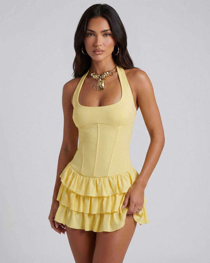 Cama Mini Dress - Yellow, square neck, fitted, tiered skirt by RAMBLION, perfect for summer parties and vibrant wardrobes.