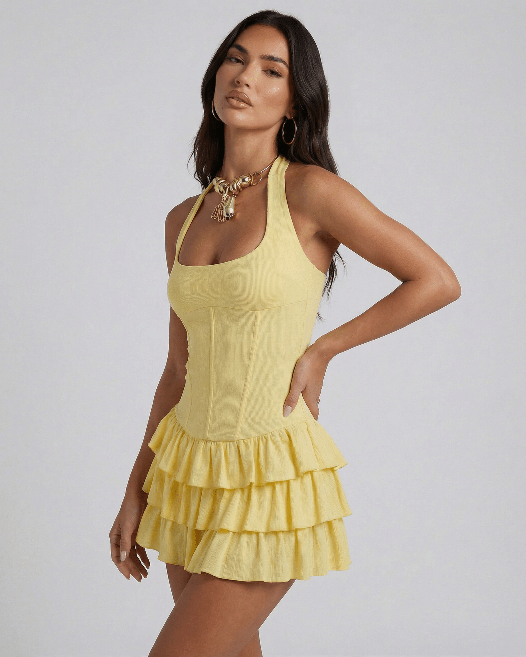 Cama Mini Dress by RAMBLION, vibrant yellow, square neck, fitted bodice, tiered skirt, perfect for summer outings.