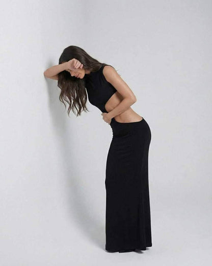 Came Maxi Dress featuring black ankle-length design, modern cutout waist, and comfortable polyester blend by RAMBLION.