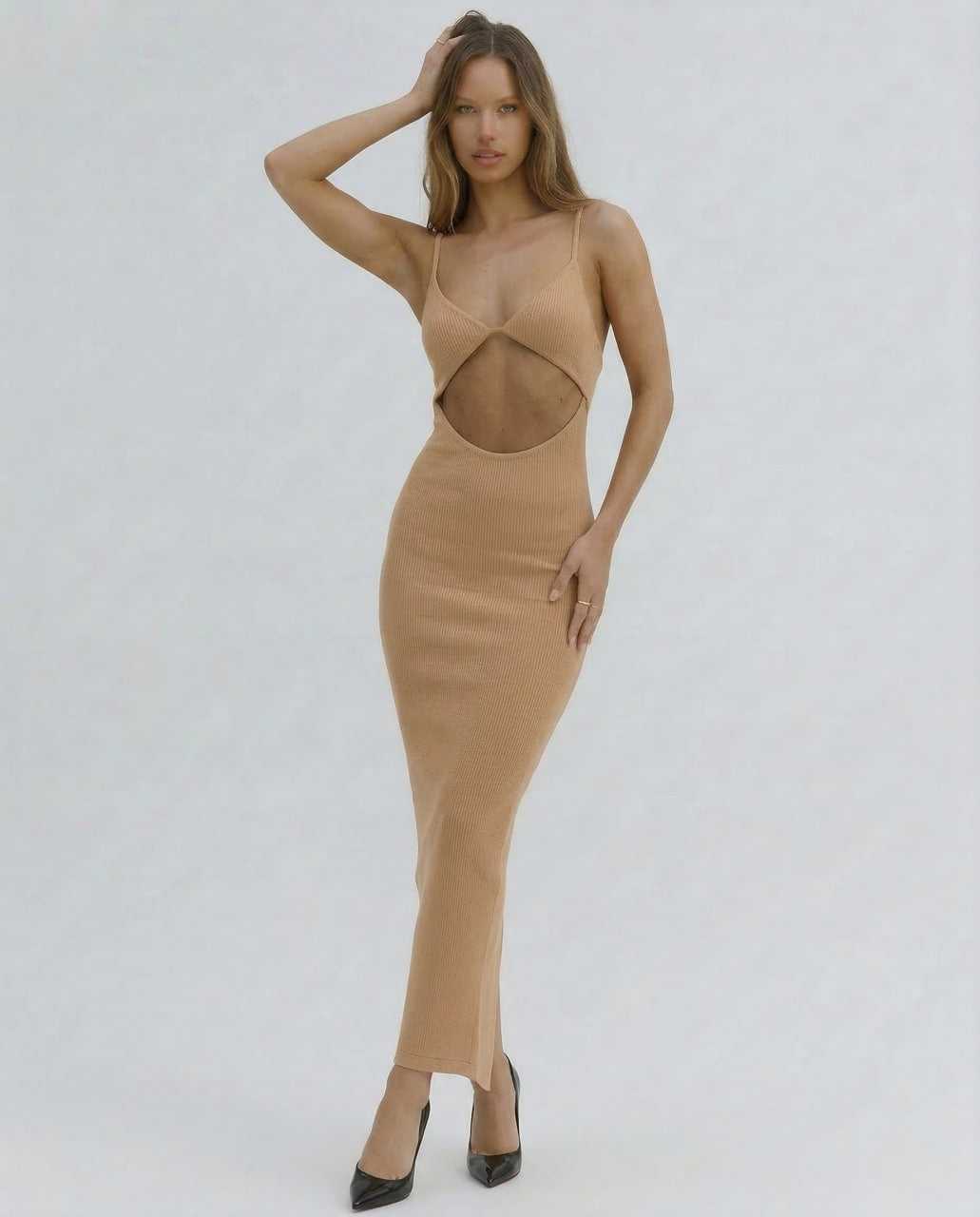 Came Midi Dress by RAMBLION, black midi-length, round neck, elegant silhouette, perfect for special evenings.