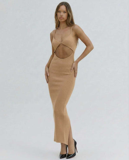 Came Midi Dress by RAMBLION, beige, elegant silhouette, cut-out front detail, perfect for special occasions.